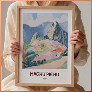 Machu Picchu Reise Poster, Peru Wandkunst, Minimalistisches Kunstwerk, Mid Century Modernes Dekor, lateinamerikanischer Druck, Pastell Stadtbild, C35-90