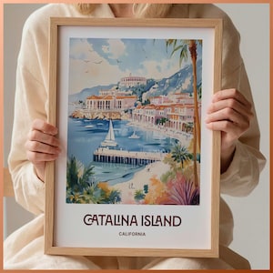 Catalina Island Travel Print, Minimalist Wall Art, Pastel Cityscape Decor, California Gift for Art Lovers, Retro Travel Poster, C35-612