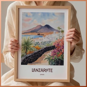 Lanzarote Reise Poster, minimalistische Wandkunst, Pastell Stadtansicht Dekor, Spanien Kunstdruck, Retro Reise Poster, Geschenk für Kunstliebhaber, C35-461
