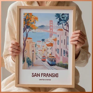 Golden Gate Bridge, San Francisco Wandkunst, minimalistisches Reiseplakat, Pastell-Stadtbild Dekor, Kalifornien Geschenk für Kunstliebhaber, C35-89