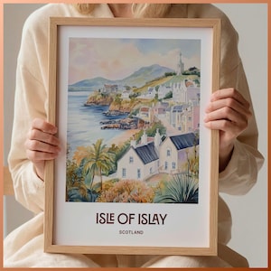Isle of Islay Travel Print, Minimalist Wall Art, Scotland Poster, Pastel Cityscape Decor, Art Lover Gift, Home Wall Hanging, C35-349