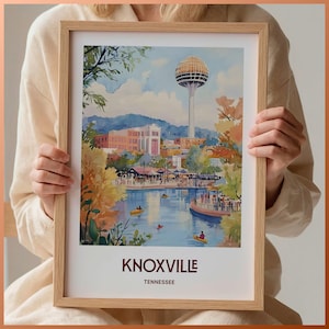 Pôster de viagem de Knoxville, gravura artística do Tennessee, arte de parede moderna de meados do século, decoração minimalista de horizonte, gravura de paisagem urbana em tons pastel, C35-434
