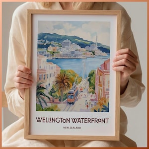 Wellington Waterfront Travel Print, Minimalist Wall Art, Pastel Cityscape Decor, Gift for Art Lovers, New Zealand Home Decor, C35-925