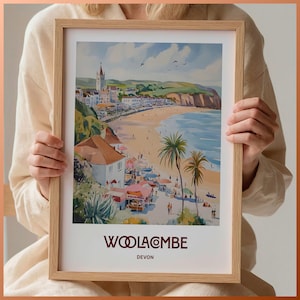 Impresión de viaje de Woolacombe, arte de Devon, texto personalizado, póster de paisaje urbano minimalista, regalo personalizado, decoración en colores pastel, C35-749