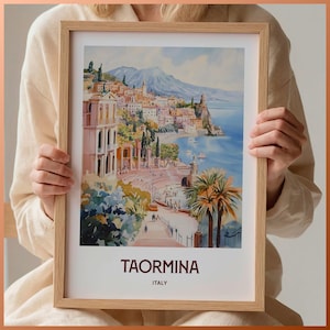 Taormina Reise Poster, Minimalistische Italien Stadtansicht Dekor, Pastell Kunstdruck, Geschenk für Kunstliebhaber, Retro Reise Poster, C35-272