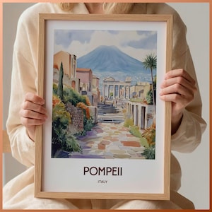 Pompeii Travel Print, Wall Art, Minimalist Cityscape, Pastel Decor, Italy Art, Retro Travel Poster, Home Decoration, C35-493