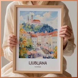 Ljubljana Travel Print, Slovenia Wall Art, Minimalist Home Décor, Pastel Cityscape Artwork, Gift for Travelers, Retro Illustration, C35-410
