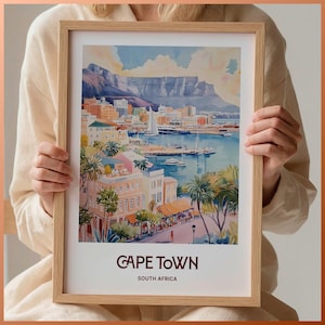 Póster de Ciudad del Cabo, arte mural de Sudáfrica, impresión de arte costero retro, paisaje urbano minimalista, decoración de viaje vintage, obra de arte en pastel, C35-649