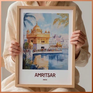 Amritsar Reise Poster, Goldener Tempel Wand Kunst, Minimalistische Punjab Stadtansicht, Hochzeitsgeschenk, Pastell Wohnkultur, C35-390