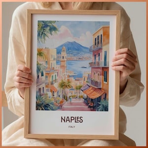 Poster turistico di Napoli, stampa artistica di Napoli, Italia, decorazione murale minimalista, arte paesaggistica di metà secolo, decorazione di paesaggi urbani pastello, C35-296
