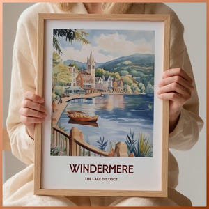 Lámina artística del lago Windermere, arte mural del Distrito de los Lagos, póster de viaje a Cumbria, decoración paisajística minimalista, regalo de aventura, arte inglés, C35-738
