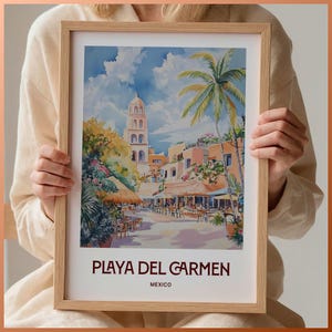 Playa Del Carmen Travel Print, Minimalist Wall Art, Pastel Cityscape Decor, Retro Travel Poster, Gift for Art Lovers, C35-811