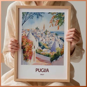 Impresión de viaje de Apulia, impresión artística de Italia, póster minimalista de paisaje urbano, arte mural retro, regalo de boda, regalo de cumpleaños, C35-645