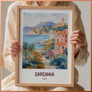 Póster de viaje a Cerdeña, ilustración minimalista de Cerdeña, arte mural italiano, impresión en tonos pastel, decoración de viaje retro, ID 412, C35-420