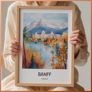 Banff Nationalpark Reise Poster Druck, Minimalistische Wandkunst, Mid Century Dekor, Pastell Stadt Landschaft Kunstwerk, Eklektisches Wohndekor, C35-234