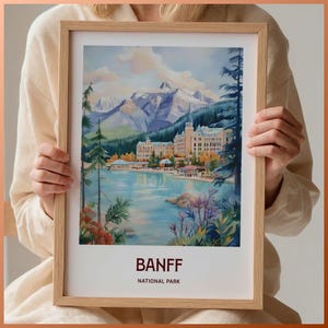 Banff National Park Travel Print, Minimalist Wall Art, Pastel Home Décor, Canada Gift, Art Lovers, Retro Travel Poster, C35-489