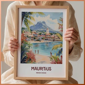 Impresión de viaje a Mauricio, póster del océano Índico, arte minimalista, decoración de pared con paisaje urbano, regalo personalizado, regalo de boda, texto personalizado, C35-472