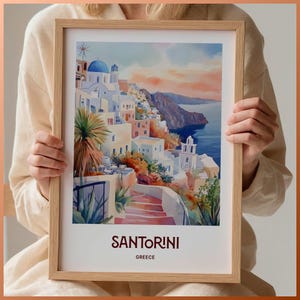 Santorini Reisedruck, Griechenland Poster, minimalistische Kunst, benutzerdefinierter Text, Hochzeitsgeschenk, Geburtstagsgeschenk, Pastellbild, C35-220