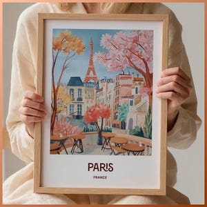 Paris Reise Poster, Eiffelturm Wandkunst, Minimalistischer Frankreich Druck, Pastell Stadtbild Dekor, Mid Century Moderne Kunst, Eklektisch, C35-13