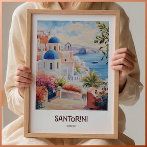 Póster de viaje de Santorini, arte mural, impresión de Grecia, decoración mediterránea retro, paisaje urbano minimalista, arte pastel para decoración del hogar, C35-325