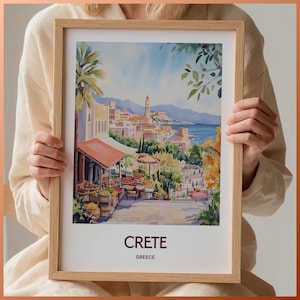 Póster de viaje de Creta, arte mural con paisaje de Grecia, decoración moderna de mediados de siglo, arte minimalista de paisaje urbano, impresión en tonos pastel, C35-735