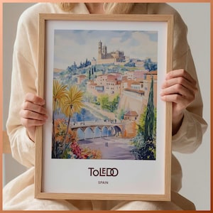 Toledo Travel Print, Minimalist Wall Art, Pastel Cityscape Decor, Spain Art Print, Toledo Gift for Art Lovers, Retro Travel Poster, C35-456