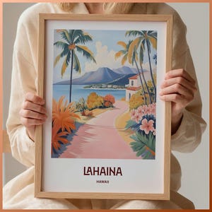 Lahaina Maui Reise Poster Banyan Baum Wand Kunst Druck Minimalistisch Mid Century Modern Hawaiianisches Dekor Pastell Stadtbild Kunst, C35-1