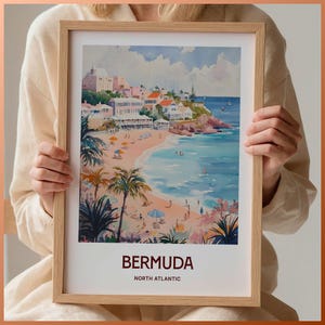 Bermuda Reisedruck, Nordatlantik Poster, Minimalistische Kunst, Benutzerdefinierter Text, Personalisiertes Geschenk, Pastellfarben C35-993