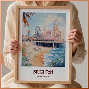Impresión de viaje de Brighton, arte con texto personalizado, paisaje urbano minimalista, decoración en tonos pastel, regalo personalizado, póster retro, C35-718