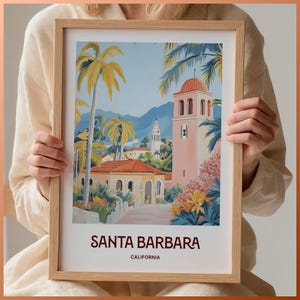 Póster de viaje a Santa Bárbara, impresión de paisaje californiano, arte mural minimalista, decoración urbana en tonos pastel, obra de arte retro de mediados de siglo, C35-136