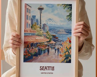 Seattle Travel Print, Minimalist Cityscape Art, Custom Text Personalised Gift, Pastel Wall Decor, Retro Travel Poster, C35-451