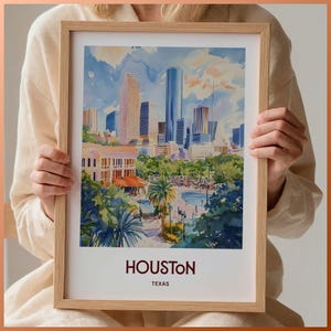 Impresión de póster de viaje a Houston, arte mural de Texas, decoración moderna de mediados de siglo, arte urbano retro, decoración minimalista para pasillos, pastel, C35-450