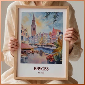 Brügge Belgien Reise Poster, Mid Century Moderne Wandkunst, minimalistische Landschaft Druck, Eklektische Wohnkultur, Vintage Stadtbild Kunst, C35-781