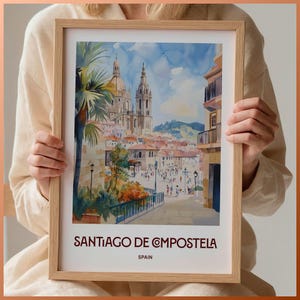Santiago de Compostella reisprint, minimalistische muurkunst, pastel stadsgezicht decor, Spanje cadeau voor kunstliefhebbers, retro illustratie, C35-754