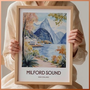 Milford Sound Print, Neuseeland Reiseplakat, minimalistische Kunst, benutzerdefinierter Text, personalisiertes Hochzeitsgeschenk, Pastellstadtbild, C35-717