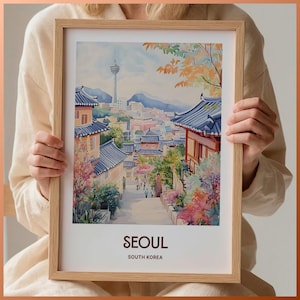 Seoul Travel Print, Minimalist Poster, South Korea Art, Wedding Gift, Custom Text, Birthday Present, Pastel Cityscape, C35-820