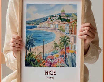 Nice France Print, Minimalist Cityscape Art, Pastel Wall Decor, Travel Lover Gift, Retro Travel Poster, Home Decoration, C35-499