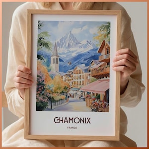 Impresión de esquí de Chamonix, arte de estación de esquí, póster minimalista de Chamonix, impresión de viaje en tonos pastel, regalo de boda, regalo de cumpleaños, C35-810