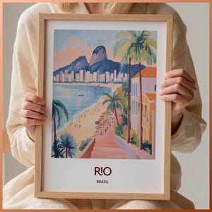 Impresión de arte mural de Río de Janeiro, póster minimalista de Brasil, decoración de paisaje urbano en tonos pastel, regalo de viaje para ella, arte retro para el hogar, C35-88
