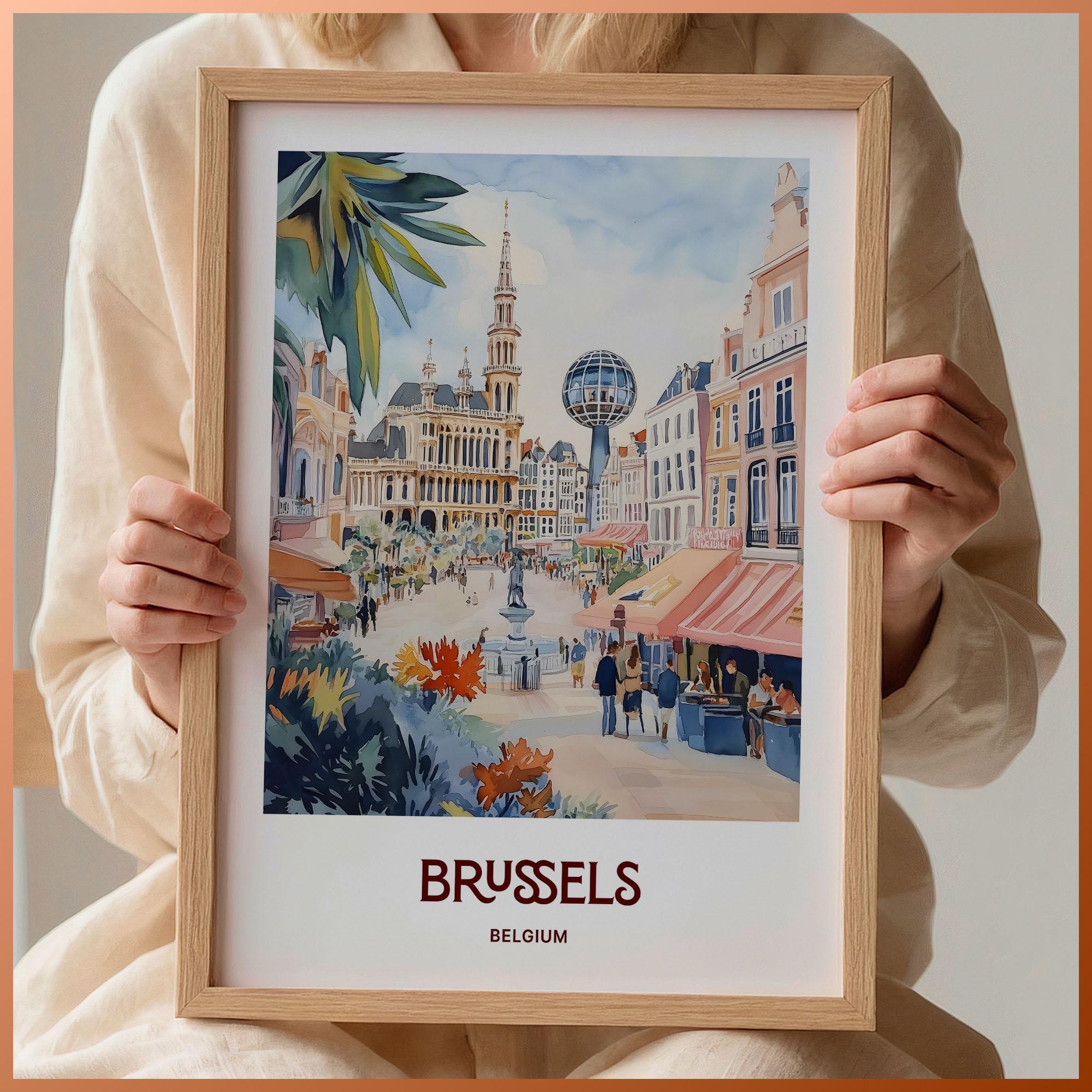 Brussels Travel Poster: Retro Belgium Cityscape, Mid-Century Modern Art