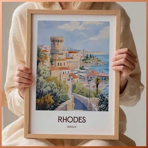Rhodos Griechenland Reisedruck, minimalistische Wandkunst, Pastellstadtbilddekor, Retro Reiseplakat, Geschenk für Kunstliebhaber, C35-313