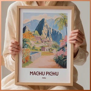 Machu Picchu Print, Peru Reise Poster, Minimalistische Wandkunst, Pastell Stadtbild Kunst, Südamerika Dekor, C35-66
