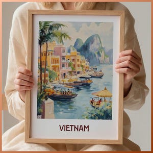 Póster de viaje a Vietnam, arte urbano minimalista, decoración de pared en tonos pastel, estética retro de viaje, decoración serena para el hogar, C35-658