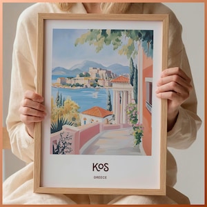 Póster de viaje de Kos, Grecia, arte de paisaje urbano minimalista, decoración de pared en colores pastel, ilustración retro, impresión de decoración del hogar serena, C35-186