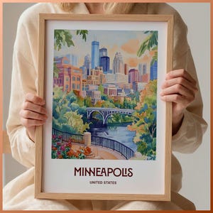 Minneapolis Travel Print, Minnesota Kunst Poster, Wanddekoration Stadtansicht, Minimalistisches Kunstwerk, Hochzeitsgeschenk, Geburtstagsgeschenk, C35-465