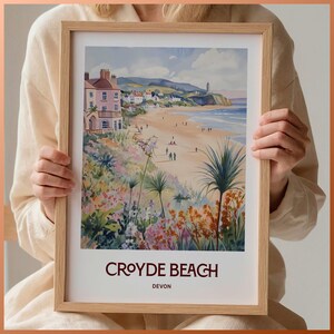 Impression de voyage Croyde Beach, impression d'art Devon, affiche Croyde minimaliste, cadeau personnalisé, texte personnalisé, décoration de voyage rétro, C35-412