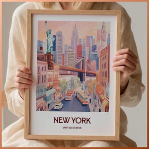 Póster de viaje de Nueva York, arte minimalista de paisaje urbano, tamaños A2, A3 y A4, papel reciclado, colores pastel suaves, impresiones de vistas a las colinas, C35-93