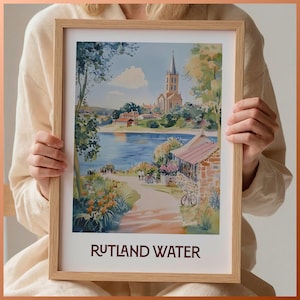 Rutland Water Poster, Normanton Kirche Kunstdruck, Vintage Reise-Wandkunst, Leicestershire Dekor, Oakham Castle Illustration, C35-972