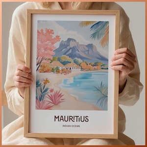 Impresión de viaje a Mauricio, póster del Océano Índico, arte mural minimalista, texto personalizado, regalo personalizado, regalo de cumpleaños o boda, C35-196