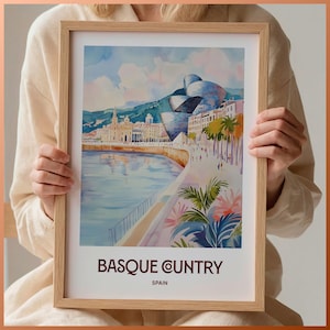 Basque Country Travel Print, Minimalist Wall Art, Pastel Cityscape Decor, Spain Art Gift, Retro Illustration, Home Wall Hanging, C35-954